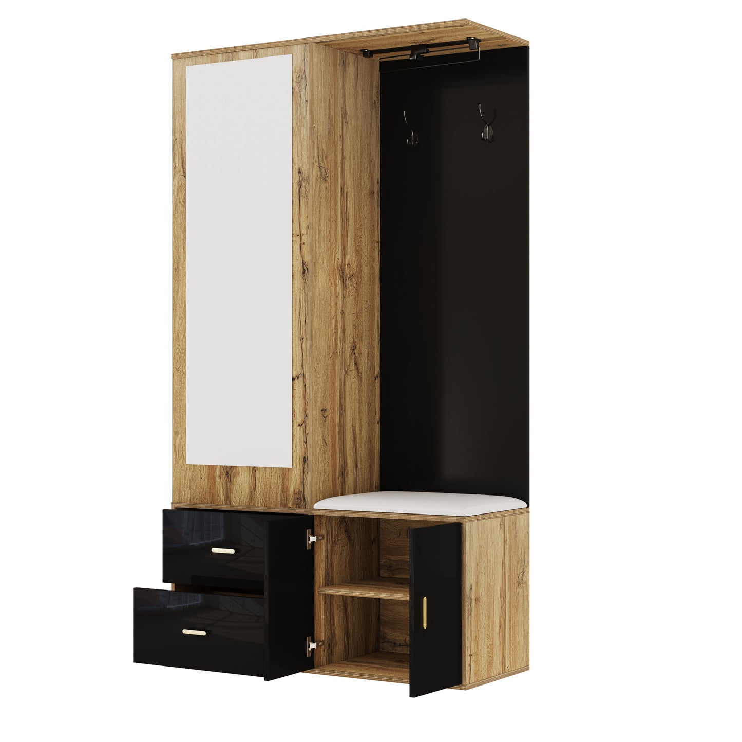 Elegantes Kleiderschrank Set in Schwarz und Holzfarbe mit Spiegel, Schuhschrank, Schuhbank mit Haken und ausziehbaren Kleiderbügeln.