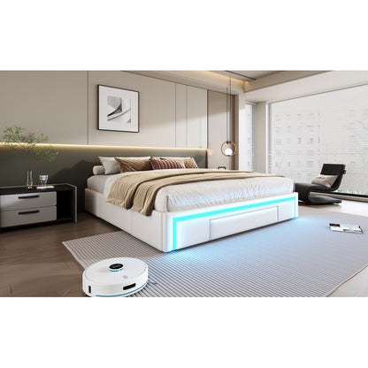 Bettgestell 180X200 mit Schubladen, PU-Leder Bett ohne Kopfteil Mit LED-Lichtleiste, MetalllattenPlattformbett für moderne Schlafzimmer Beige