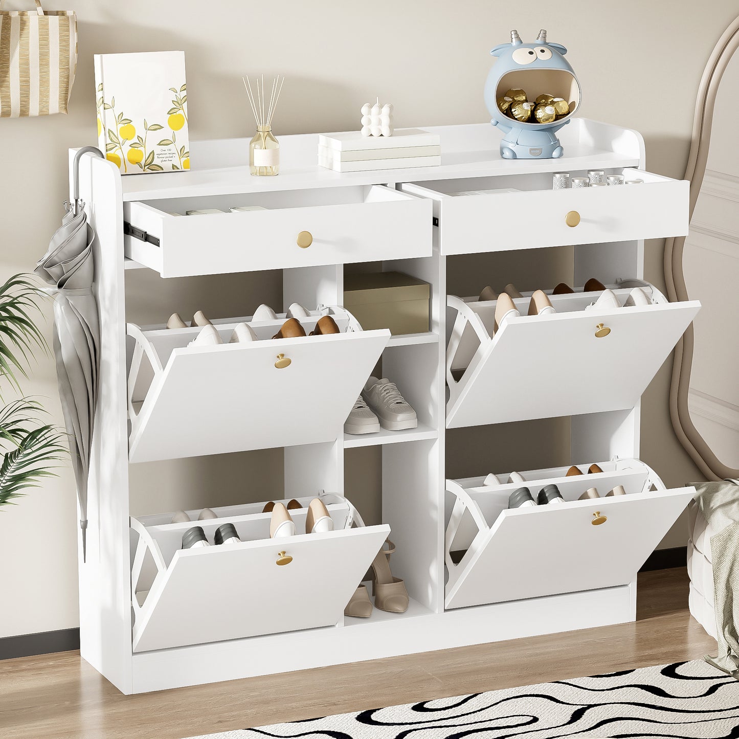 Edler weißer Schuhschrank mit 4 Klapptüren, 2 Schubladen, 3 offenen Fächern - perfekt für moderne Flure und Eingangsbereiche