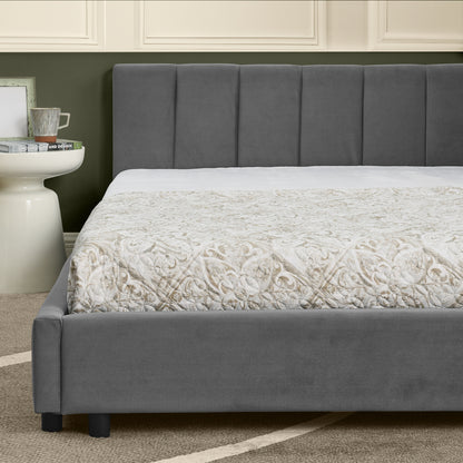 Doppelbett 160×200 cm aus Samt mit hoher Rückenlehne, stabiles Bettgestell aus Holz & Metall, ideal für Schlafzimmer & Familienzimmer, Gray (ohne Matratze)