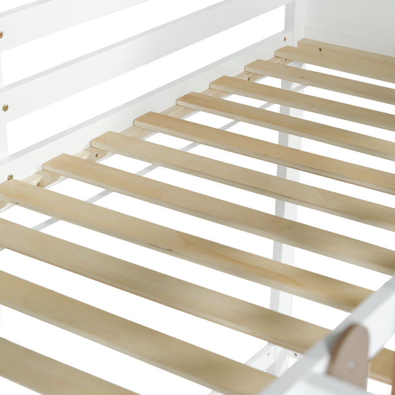 Hochbett, Mit Dach und Fenster, Mit dreistufiger gerader Leiter, Jugendbett, Kinderbett mit Rutsche,  Kiefer+MDF, Weiß+Walnuss, 90x200cm