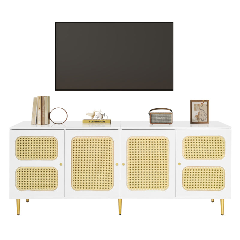 Eleganter Weißer Rattan-TV-Schrank 180x40x72 cm - Mit 4 Rattantüren, Höhenverstellbaren Regalen und Kabelmanagement, Für bis zu 80 Zoll Fernseher,TV-Schränke,Lowboards