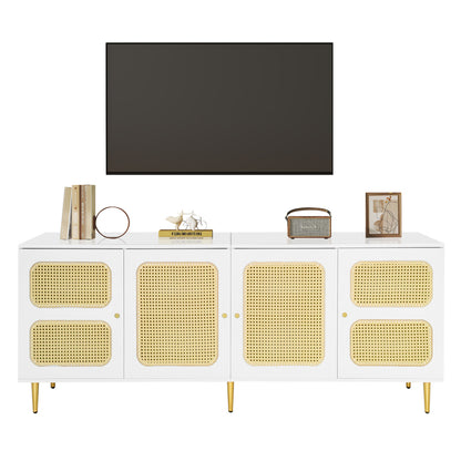 Eleganter Weißer Rattan-TV-Schrank 180x40x72 cm - Mit 4 Rattantüren, Höhenverstellbaren Regalen und Kabelmanagement, Für bis zu 80 Zoll Fernseher,TV-Schränke,Lowboards