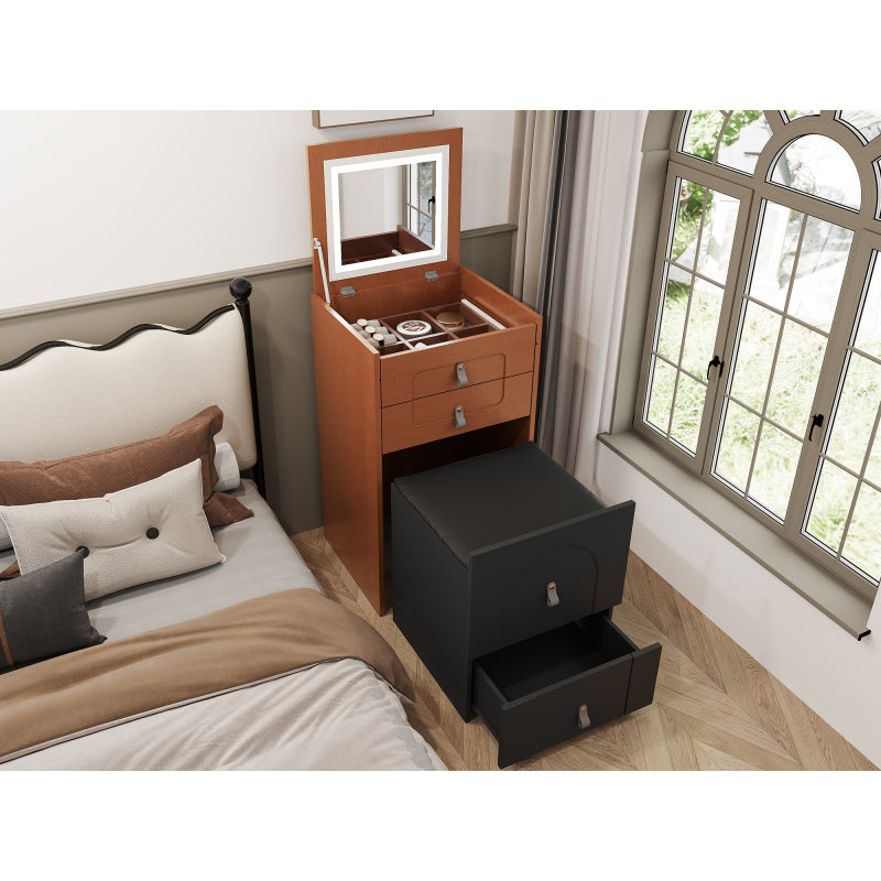 Schminktisch(Enthält Make-up-Hocker), Multifunktionaler Aufbewahrungshocker Nachttisch, mit Spiegel und LED-Beleuchtung, mit 3 Schubladen, schwarz+braun