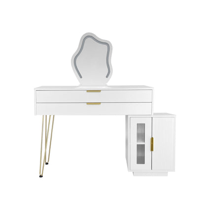 Schminktisch mit LED-beleuchtetem Spiegel, Weißes Schminktisch-Set mit ausziehbarem Design, moderner Kosmetiktisch für das Schlafzimmer  - Maße:B100/H78/T40 cm (ohne Hocker)