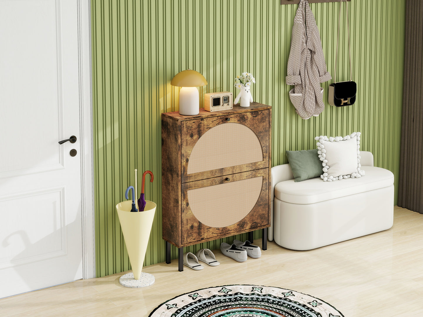 Schuhschrank mit zwei Türen, austauschbaren halbrunden Türfronten und Rattan-Oberfläche, geeignet für den Eingangsbereich und andere Szenen, Vintage-Braun