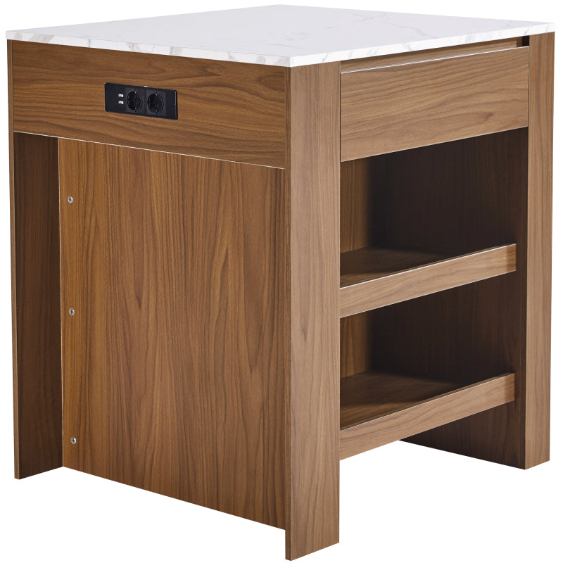 Ausziehbarer Bartisch mit Stauraum(110-124×78×97.5cm), für 2-6 Personen, Kücheninseln mit 2 Schubladen, 2 seitliche offene Regale und eingebaute Steckdose,Tischplatte aus weiß marmoriertem MDF,Braun