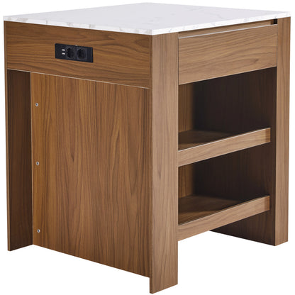 Ausziehbarer Bartisch mit Stauraum(110-124×78×97.5cm), für 2-6 Personen, Kücheninseln mit 2 Schubladen, 2 seitliche offene Regale und eingebaute Steckdose,Tischplatte aus weiß marmoriertem MDF,Braun