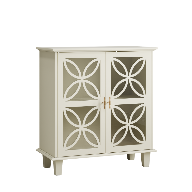 Sideboard mit Glastüren und verstellbaren Böden, freistehender Aufbewahrungsschrank im Retro-Stil, 2-türig, für Bad & Küche, Creme