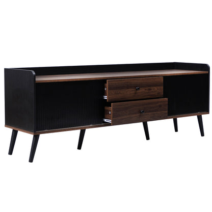 TV-Schrank mit zwei Schubladen, Fernsehtisch TV Board, TV- Lowboard niedrige Platte mit zwei Schiebetüren. Exquisite Textur. Schwarz und natürliches Holzfarbe. H58/L160/T40 cm
