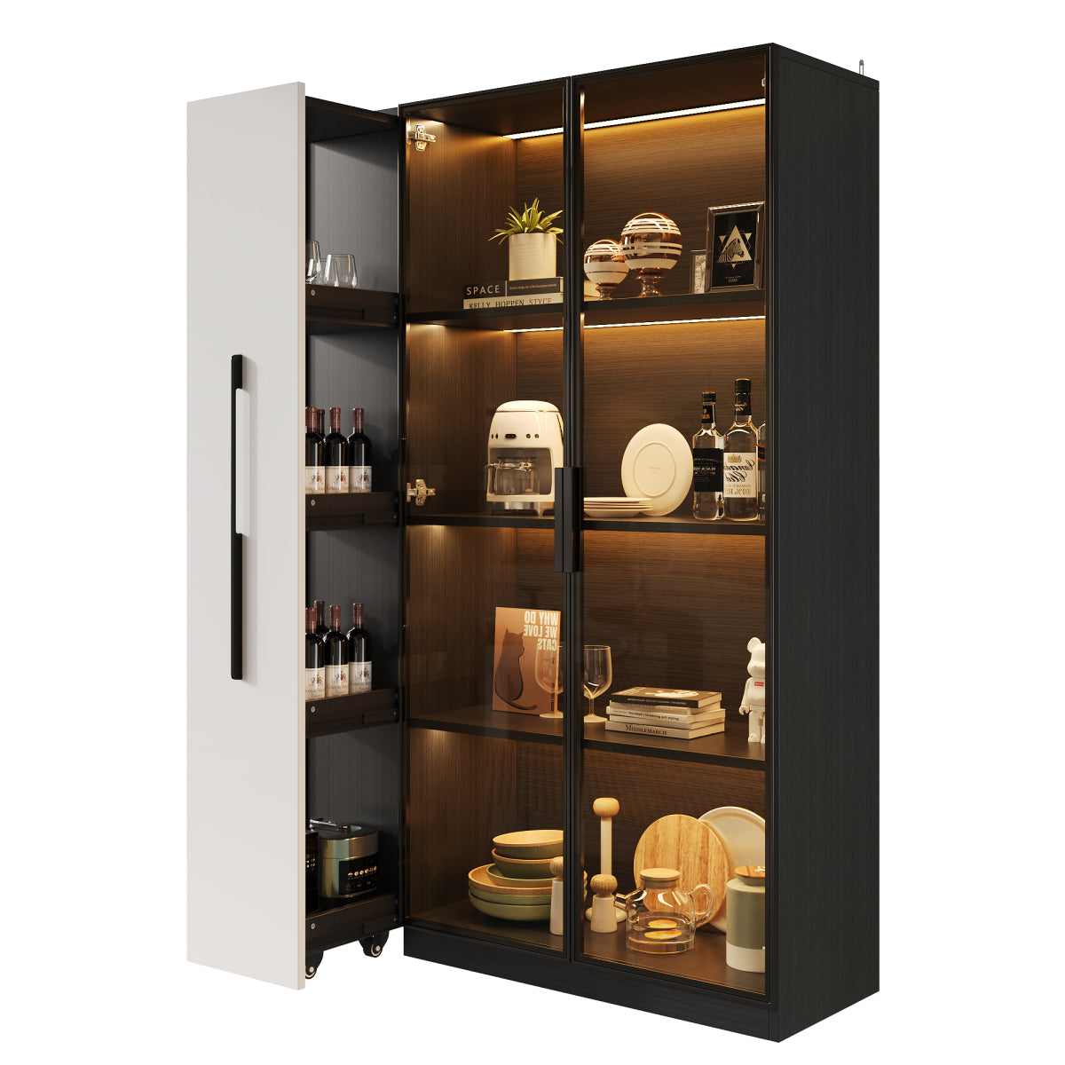 Multifunktionsschrank 110,5x35x160cm Vitrine mit LED-Beleuchtung, Seitenauszug & Glastür – Moderner Hochschrank in Schwarz-Weiß