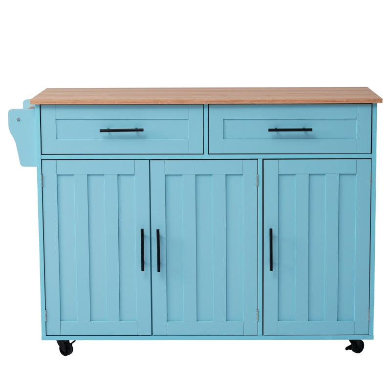129x46(71)x91,5 cm großer Speisewagen/Sideboard, Arbeitsplatte mit Massivholzmaserung + blauer Schrank/faltbare Arbeitsplatte/Aufbewahrungstür-Design/Räder/Massivholzfüße umschaltbar/für Zuhause geeig