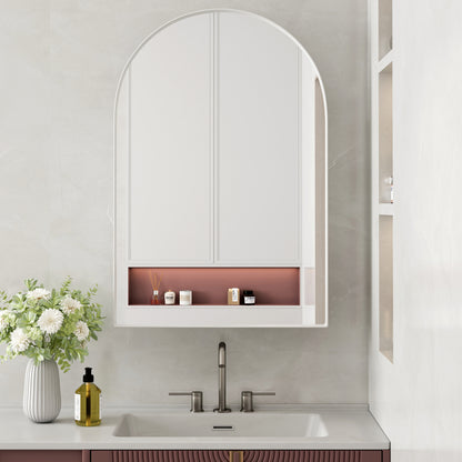 Stylish Arched Mirror Cabinet, Recessed Medicine Cabinet, Wall Cabinet with Metal Framed, Mirror and Adjustable Shelves, Mirror Cabinet with Storage for Bathroom, Living Room and Bedroom, White