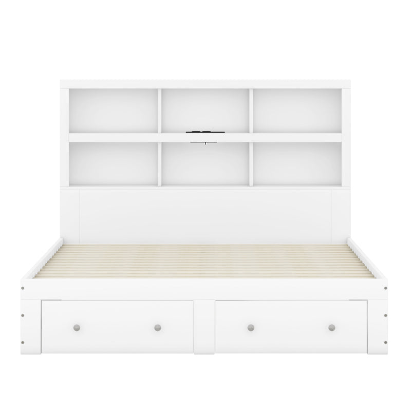 160*200cm Doppelbett, Kingsize-Plattformbett mit zwei Schubladen am Fußende des Bettes, Kopfteil mit Stauraum, Weiß