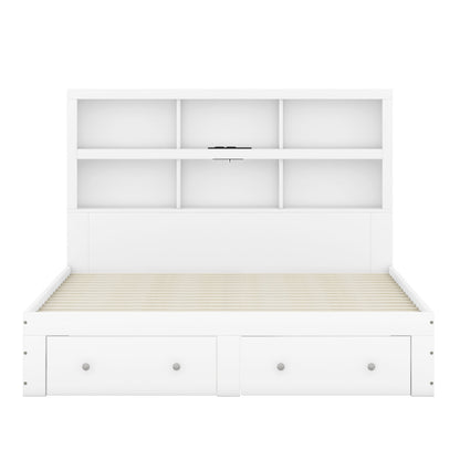 160*200cm Doppelbett, Kingsize-Plattformbett mit zwei Schubladen am Fußende des Bettes, Kopfteil mit Stauraum, Weiß