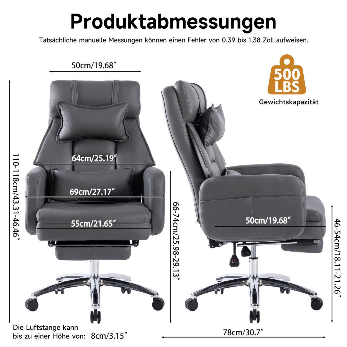 Ergonomischer Bürostuhl mit 155° Liegefunktion, Fußstütze, Tech-Leder, Dunkelgrau