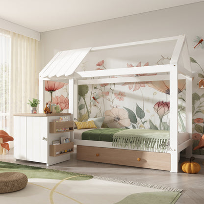 Hausbett Kinderbett 90x200 cm aus Massivholz mit Schubladen & abnehmbarem Nachttisch - Bodenbett in Weiß und Eichenweiß, ohne Matratze