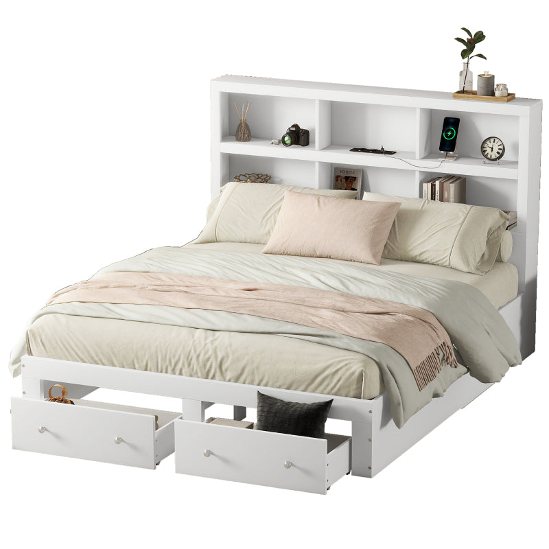 160*200cm Doppelbett, Kingsize-Plattformbett mit zwei Schubladen am Fußende des Bettes, Kopfteil mit Stauraum, Weiß