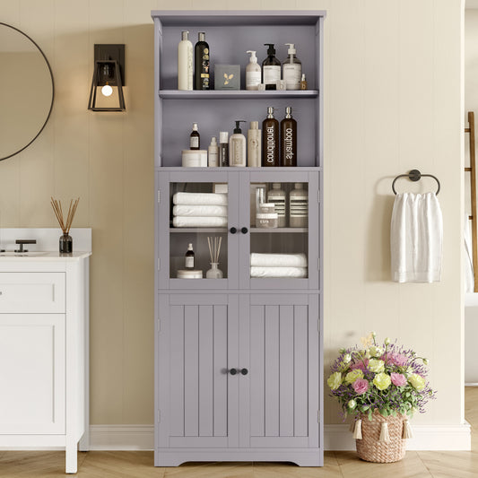 57.5 x 28.5 x 160cm Badezimmer-Hochschrank mit Stauraum, feuchtigkeitsbeständige Farbe, Glasschranktür, Holzschranktür, zwei offene Ablagefächer, verstellbare Trennwände, einfache Textur, Grau