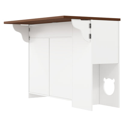 Kücheninsel, Küchenwagen & Sideboard mit Schubladen, Gewürzregal, Haustierfressbereich (ohne Katzensteller), Weiß + Nussbaumfarbe