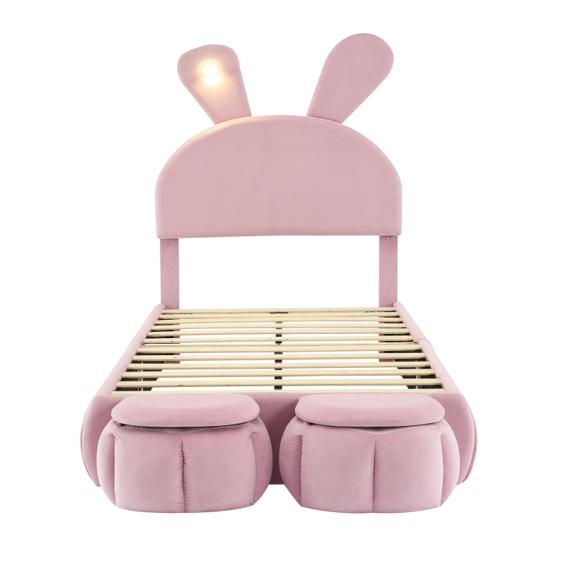 Polsterbett, Einzelbett, Hasenohren mit einstellbarer Helligkeit warmfarbenen Lichtstreifen, mit zwei Aufbewahrungshockern, Kinderbett mit Holzlatten, Samt, Rosa, 90x200cm