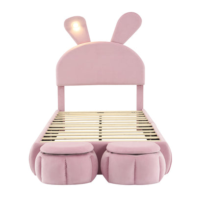 Polsterbett, Einzelbett, Hasenohren mit einstellbarer Helligkeit warmfarbenen Lichtstreifen, mit zwei Aufbewahrungshockern, Kinderbett mit Holzlatten, Samt, Rosa, 90x200cm