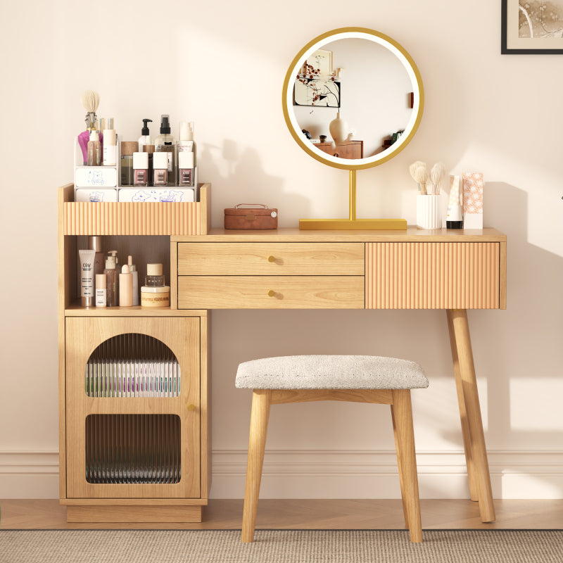 Schminktisch-Set, Kosmetiktisch mit LED-Spiegel und 3-Farbiger Beleuchtung, Schminktisch aus Holz für Schlafzimmerstudio - Maße: B120/H90/T40 cm(ohne Hocker) (Old sku: RN3198724AAA)