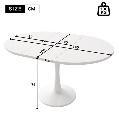 Ausziehbarer Esstisch, ovaler Esstisch, Länge 100/140 x Breite 100 x Höhe 75 cm,  weiß
