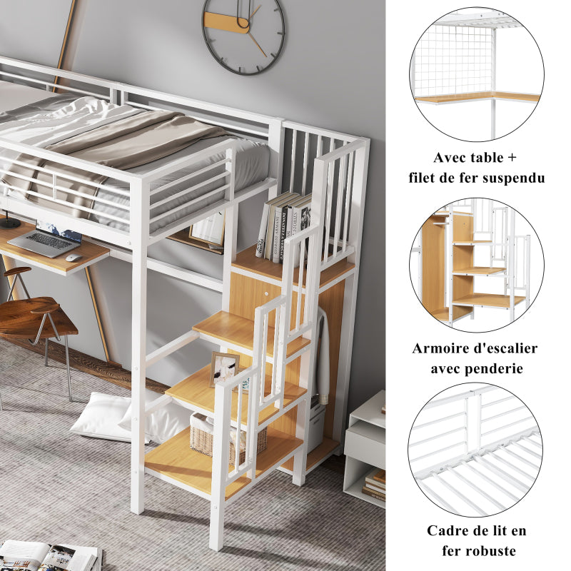 Eisenbett, Etagenbett, Hochbett, Geeignet für Kinder und Jugendliche, mit Tisch und Kleiderschrank, Seitenleiter mit Handlauf, Eisen+Spanplatte, Weiß+Natur, 90x200cm