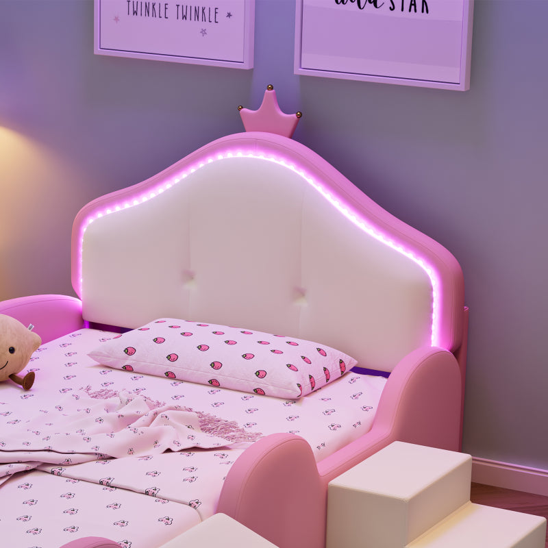 Polsterbett, Crown Cartoon Bett, Mit Multi-Mode-LED-Streifen, Kinderbett mit kleiner Rutsche und Treppe, mit schützenden weichen Kanten, mit Holzlatten, PU, Rosa + Beige, 90x200cm