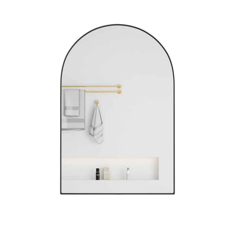 Stylish Arched Mirror Cabinet, Recessed Medicine Cabinet, Wall Cabinet with Metal Framed, Mirror and Adjustable Shelves, Mirror Cabinet with Storage for Bathroom, Living Room and Bedroom, Black
