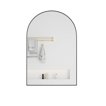 Stylish Arched Mirror Cabinet, Recessed Medicine Cabinet, Wall Cabinet with Metal Framed, Mirror and Adjustable Shelves, Mirror Cabinet with Storage for Bathroom, Living Room and Bedroom, Black