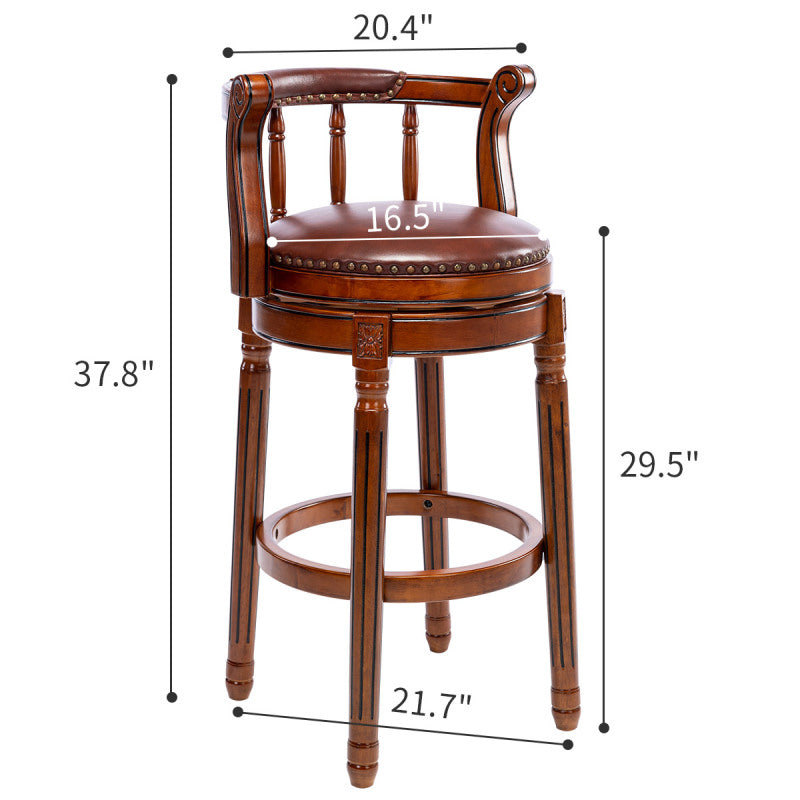 Barhocker aus Holz mit Kuhfell-Obermaterial, 360-Grad-Drehstuhl mit Rückenlehne, Brau + Sitzhöhe 65cm