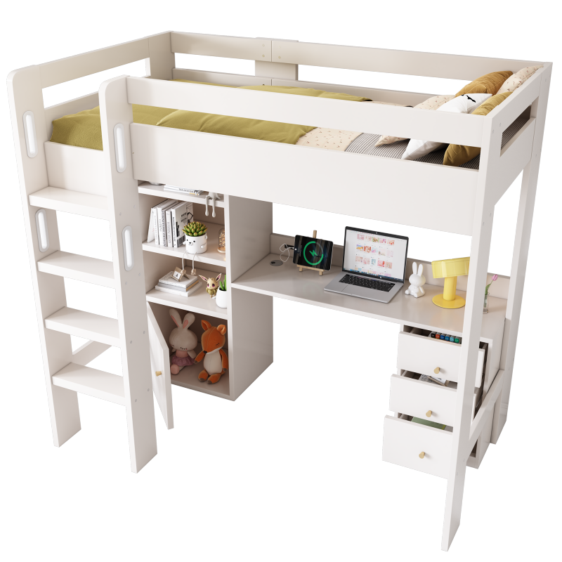 Kinderbett Hochbett mit USB-C Schreibtisch, Kleiderschrank und Aktenschrank, Jugendbett  Einzelbett mit Treppe und Lattenrost, Stauraum,90×200, Ohne Matratze