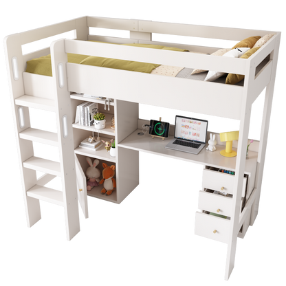 Kinderbett Hochbett mit USB-C Schreibtisch, Kleiderschrank und Aktenschrank, Jugendbett  Einzelbett mit Treppe und Lattenrost, Stauraum,90×200, Ohne Matratze