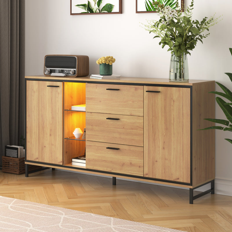 Sideboard mit drei Schubladen, exquisite Maserung. Modernes Sideboard in Holzfarbe mit Ablagefächern – stilvolle und funktionale Wohnmöbel. Schwarz und Holzfarbe.