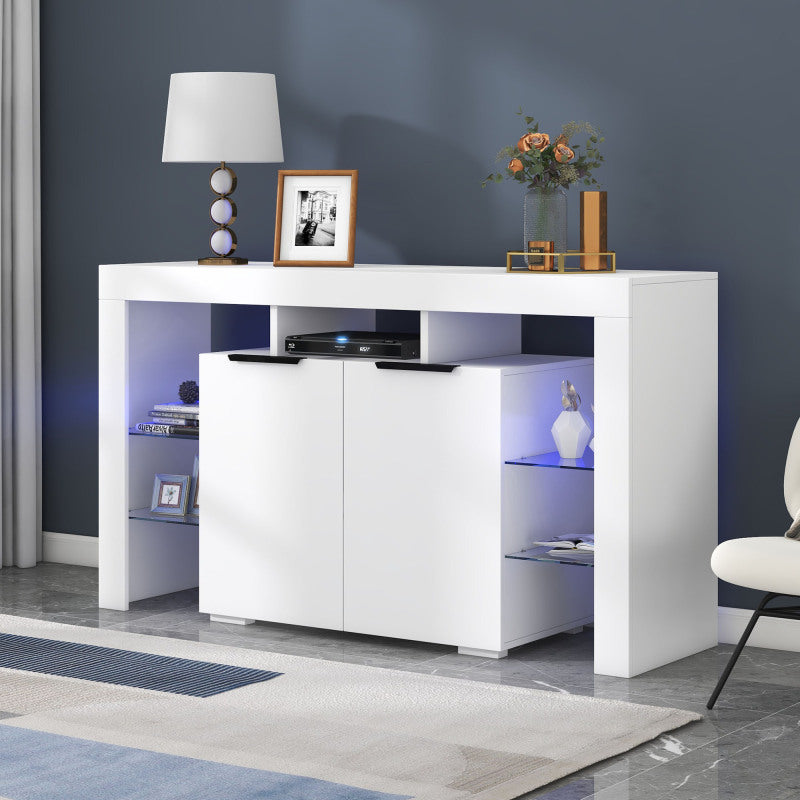 Hochglanz-LED-Sideboard, Küchenschrank, Schrank, Buffet-Aufbewahrung, Servertisch mit LED-Leuchten, Hochglanz-Buffetschrank mit 4 Glasböden und 2 Tür, Vitrine für Wohnzimmer, Eingangsbereich
