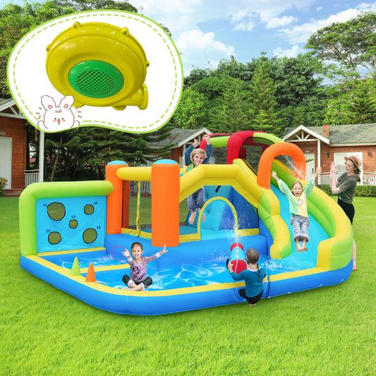 [Ganzjähriger Spielspaß] Hüpfburg mit Gebläse Multifunktionaler Wasserpark+Trampolinpark für Kinder, Inklusive 450W-Gebläse