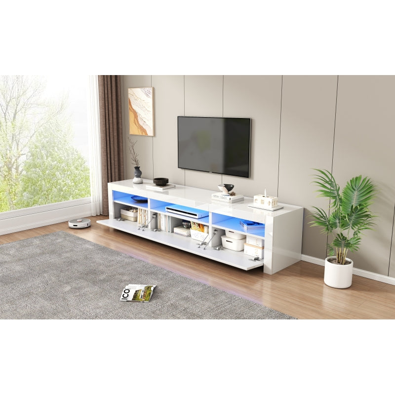 Weißer Hochglanz-TV-Schrank mit LED-Beleuchtung und Stauraum, weißes niedriges Paneel, bietet Platz für 80-Zoll-Fernseher, TV-Unterschrank mit herunterklappbarer Schranktür, 190 x 24 x 40 cm