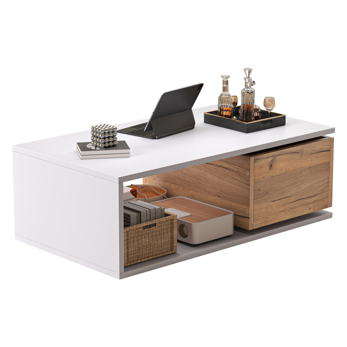 Design Couchtisch 90x50x30cm Weiß & Holz - Hochglanz Kaffeetisch mit 360° drehbarer Schublade & offenem Stauraum - Moderner Beistelltisch