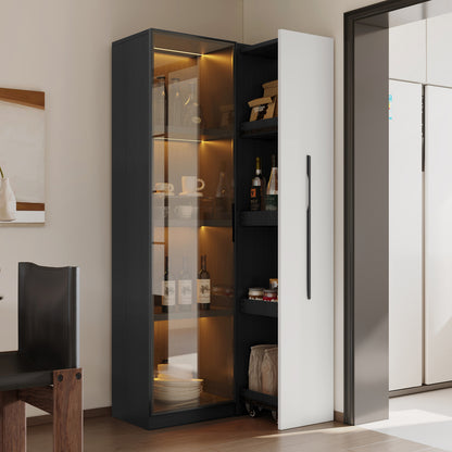 Multifunktionsschrank 70x40x160cm - LED Vitrine mit Glastür aus gehärtetem Glas & Aluminiumrahmen, Seitenauszug auf Rollen, Schwarz-Weiß