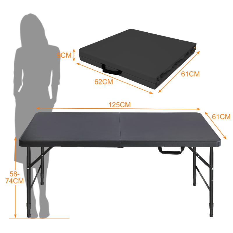 125cm Portable Heavy Duty Folding Table with Handle, Adjustable Height Foldable Table, Multi-Functional Fold up Table for Camping Picnic Parties Indoor/Outdoor, Capacity Weight 135KG (Black)