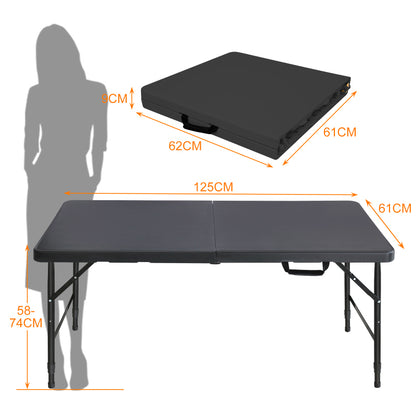 125cm Portable Heavy Duty Folding Table with Handle, Adjustable Height Foldable Table, Multi-Functional Fold up Table for Camping Picnic Parties Indoor/Outdoor, Capacity Weight 135KG (Black)
