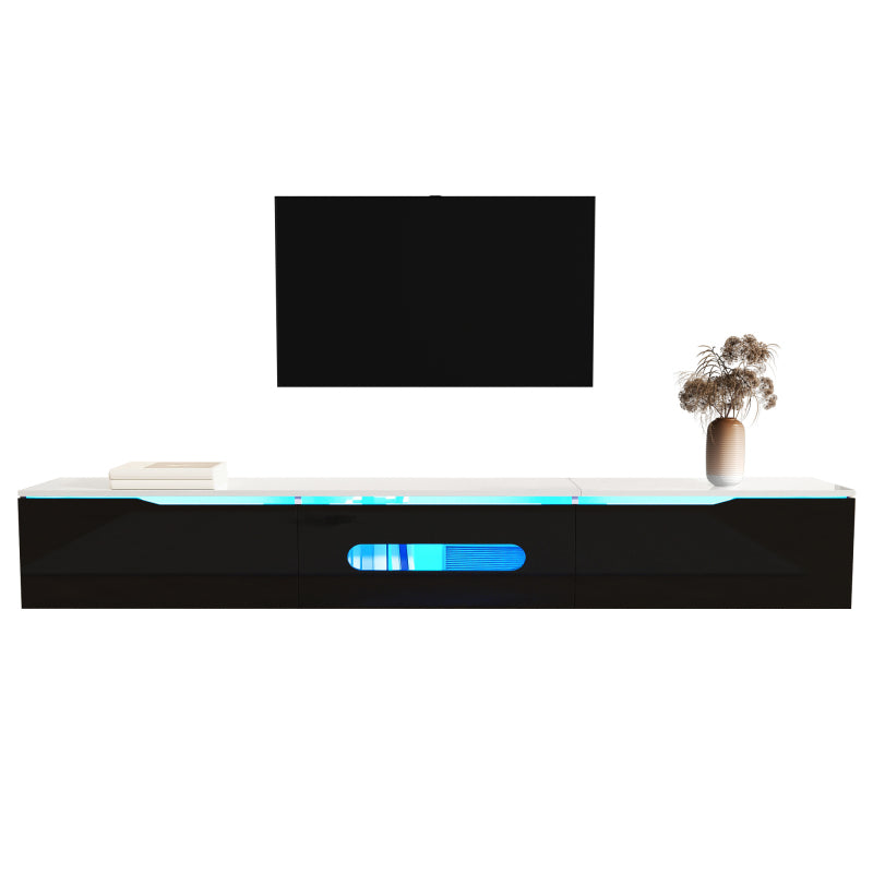 Schwarz-weißer TV-Schrank, 180 cm lang, Hochglanzoberfläche, mit 16-farbiger LED-Beleuchtung, wandmontierbar