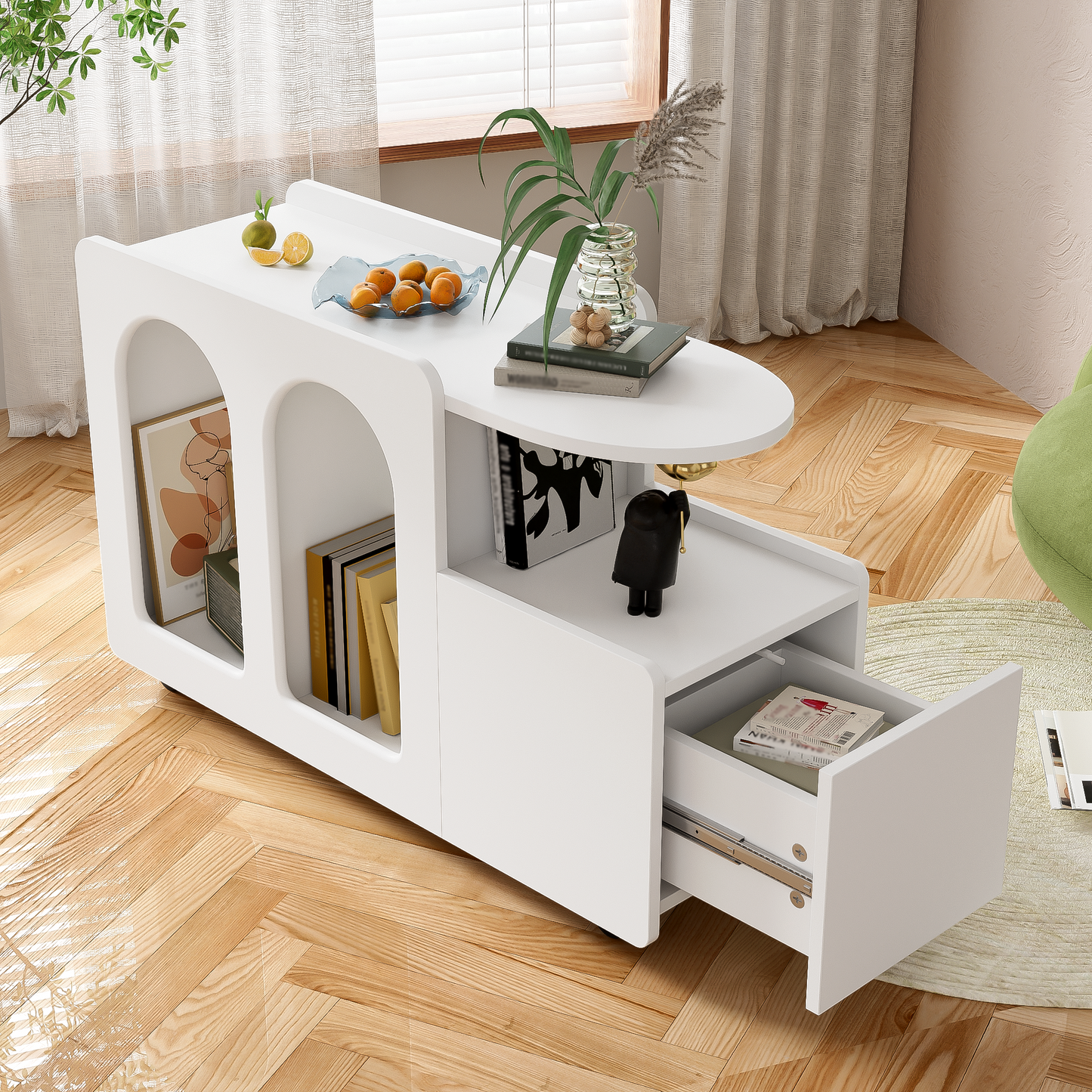 Beistellschrank mit Rollen, vielseitiger Aufbewahrungswagen für Wohnzimmer, Esszimmer und Schlafzimmer, Weißer