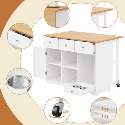 Küchenwagen, mobiler Servierwagen, Kücheninsel mit Schublade, Küchenschrank mit Haustierfressnapf/Haustieressbereich, 120*70*90cm, weiß