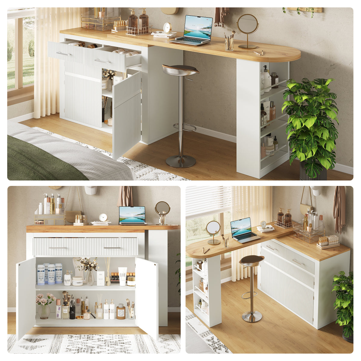 Ausziehbarer Bartisch Weiß (137-215cm) - Moderner Teleskop-Hochtisch mit Schublade & 2 Regalen - Bewegliche Kücheninsel & Bistro Table