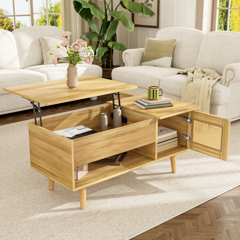 Eleganter Couchtisch mit anhebbarer Tischplatte und Rattan-Türen, Holzfarbe mit schwarzen Akzenten, ideal für das Wohnzimmer – Praktischer Stauraum und funktionales Design