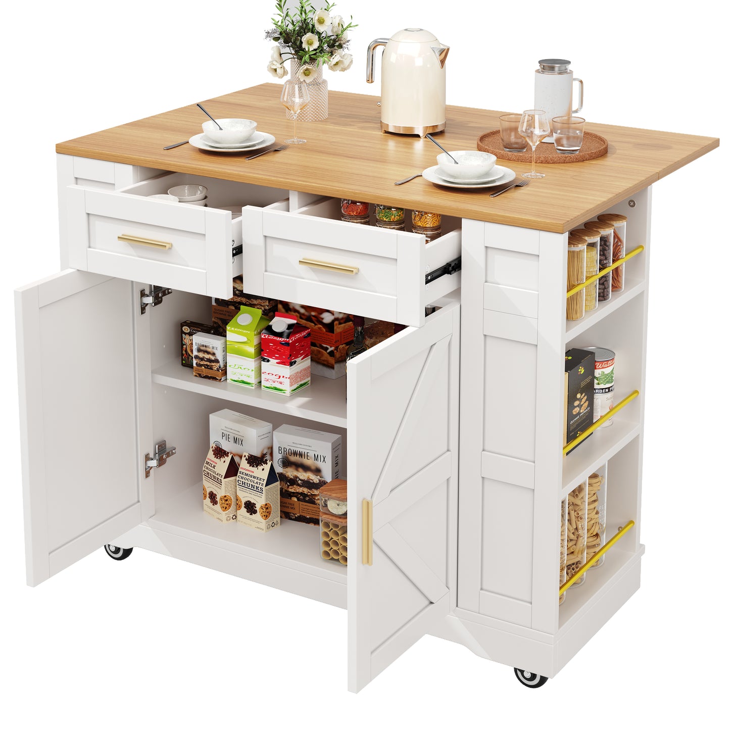 Moderne Kücheninsel Küchenschrank mit Holzmaserung Multifunktionaler Esstisch Speisewagen Buffetschrank mit Stretchfunktion Weiß Ohne Matratze