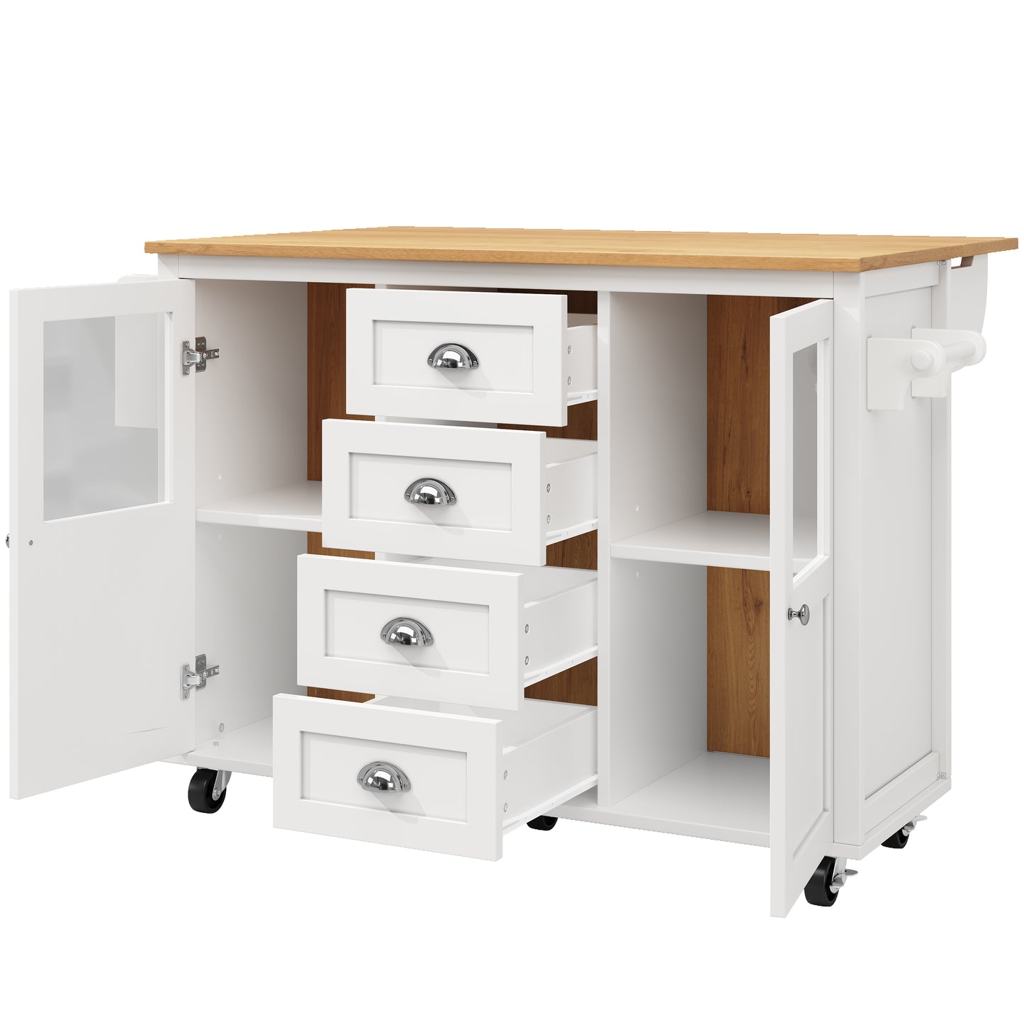 Kücheninsel,Küchenschrank,Buffetschrank,120x73(45)x93cm,ausziehbarer Küchenwagen mit Rollen, Handtuchhalter, Gewürzregal, verstellbaren Einlegeböden, zwei Türen, vier Schubladen, weiß